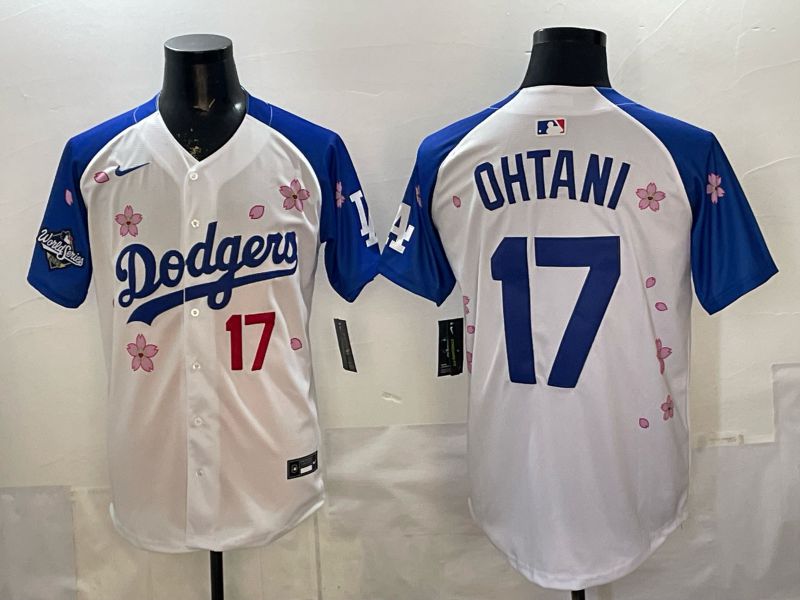 Men Nike 2026 Los Angeles Dodgers #17 Ohtani White Blue Sakura Edition Game MLB Jersey 12083